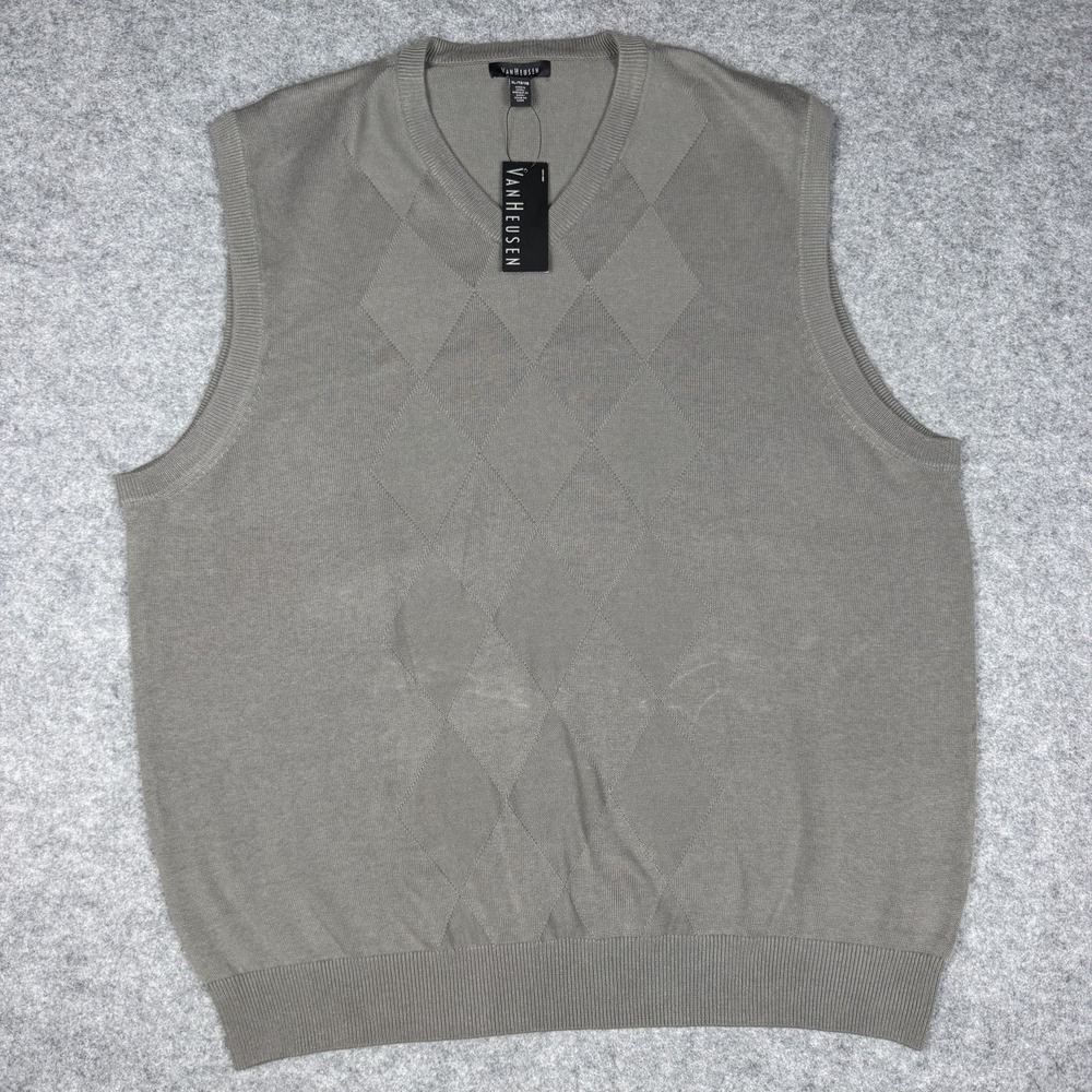 Van Heusen NWT Mens Sweater Vest Argyle V Neck Pullover Knit Gray Taupe Size XL
